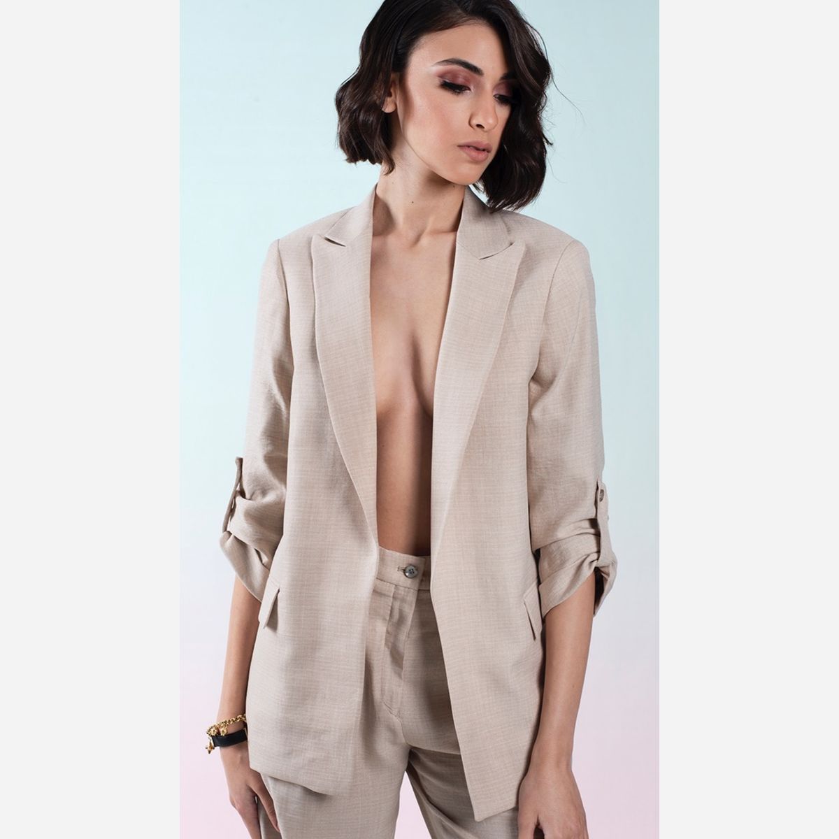 Beige Rolled-up Sleeves Blazer by ZED | LEMONADE FASHION