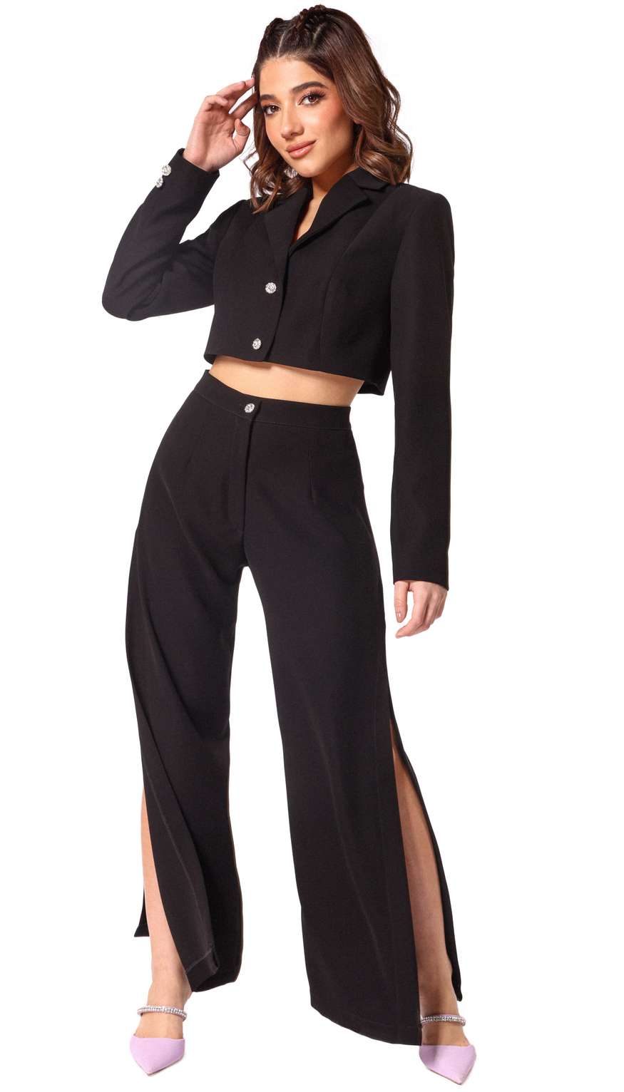 Side Slit Wide Leg Pants In Black by 